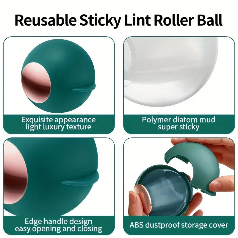 Four-panel feature grid of a reusable sticky lint roller ball, showing outer shell, sticky core, edge tab, and dust cover.