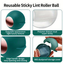 Four-panel feature grid of a reusable sticky lint roller ball, showing outer shell, sticky core, edge tab, and dust cover.