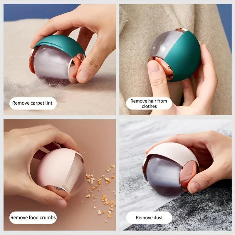 Sticky Lint Roller - Four-panel demonstration of the lint roller ball being used on carpet, clothing, crumbs, and a textured surface.