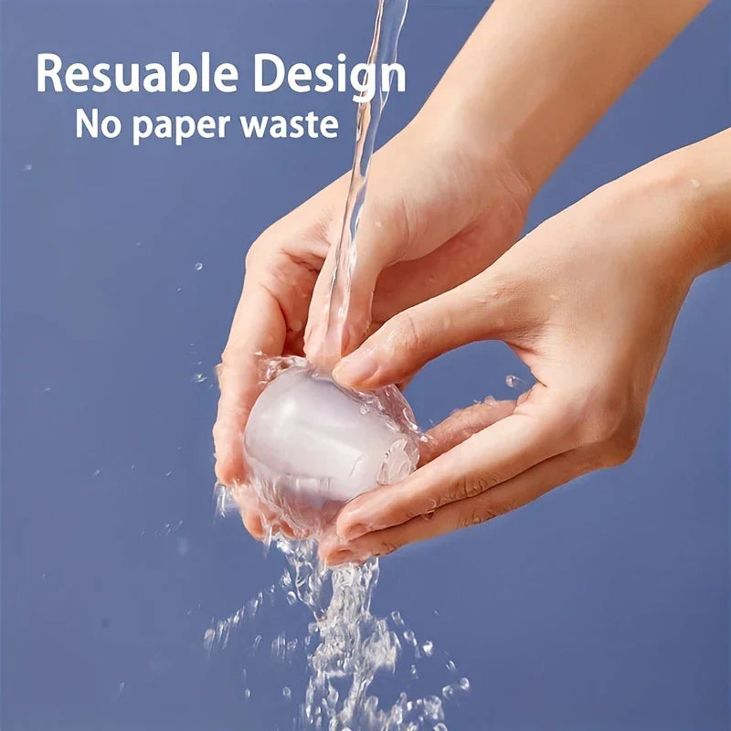 Sticky Lint Roller - Hands rinse a translucent rounded reusable object under running water, text notes reusable design with no paper waste