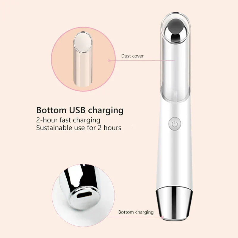 Beauty Massager Pen Tool - Diagram labeling the massager's dust cover and bottom USB charging port, with callouts for charge and runtime