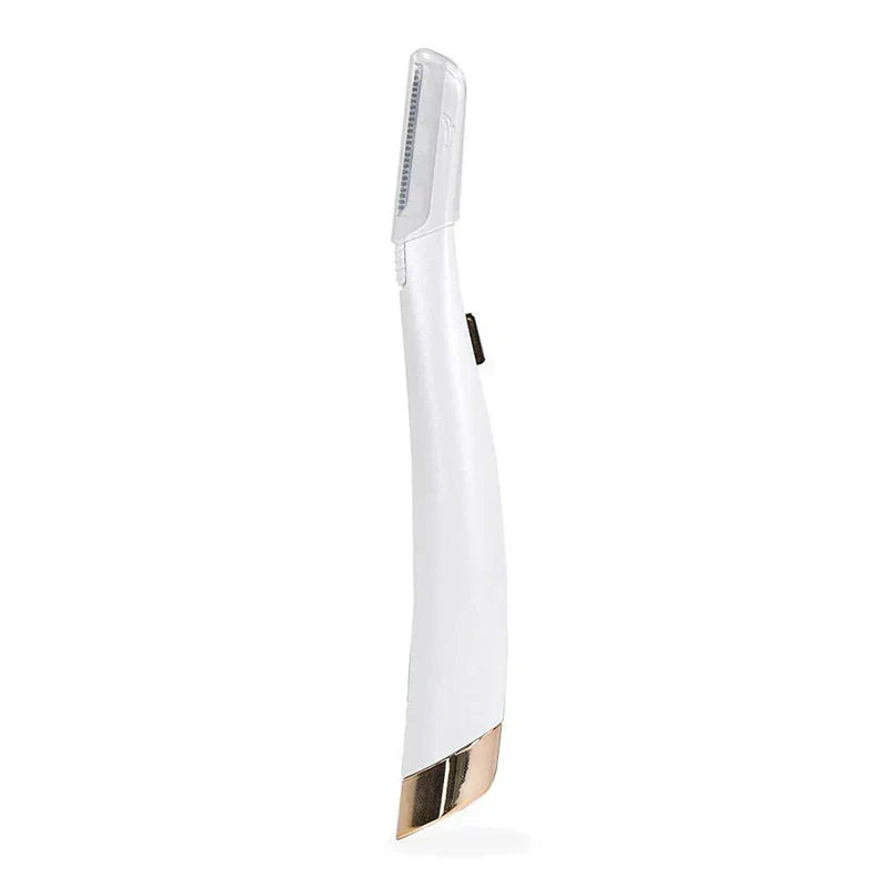 Eyebrow Razor - White handheld grooming tool with protective blade cover and rose gold accent base