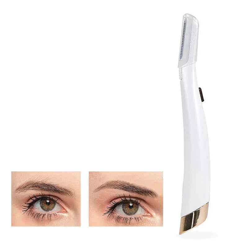Eyebrow Razor - White electric eyebrow trimmer with before and after photos of groomed eyebrow