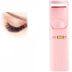 Eyelash Curler - Curled dark lash closeup shown next to the pink lash tool