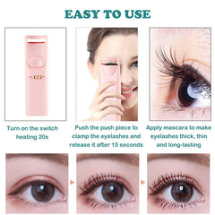 Eyelash Curler - Three-step usage guide showing tool operation, application, and finished lash results