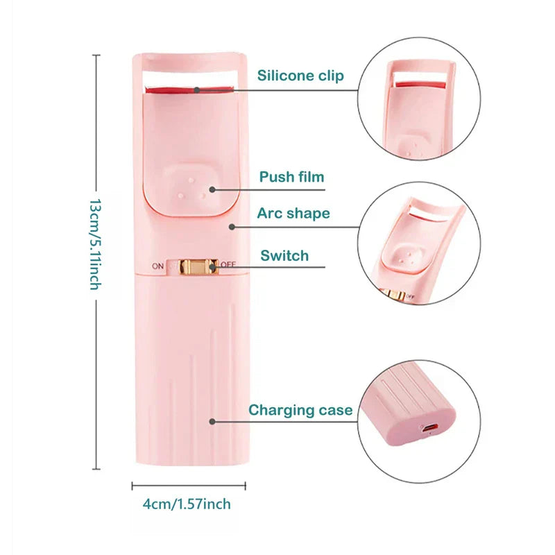 Pink electric eyelash curler with labeled parts, size dimensions, and close-up detail insets of its components