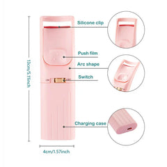 Pink electric eyelash curler with labeled parts, size dimensions, and close-up detail insets of its components