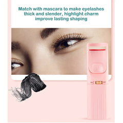 Pink eyelash curler shown beside a mascara wand swatch and a close-up of a person’s curled lashes
