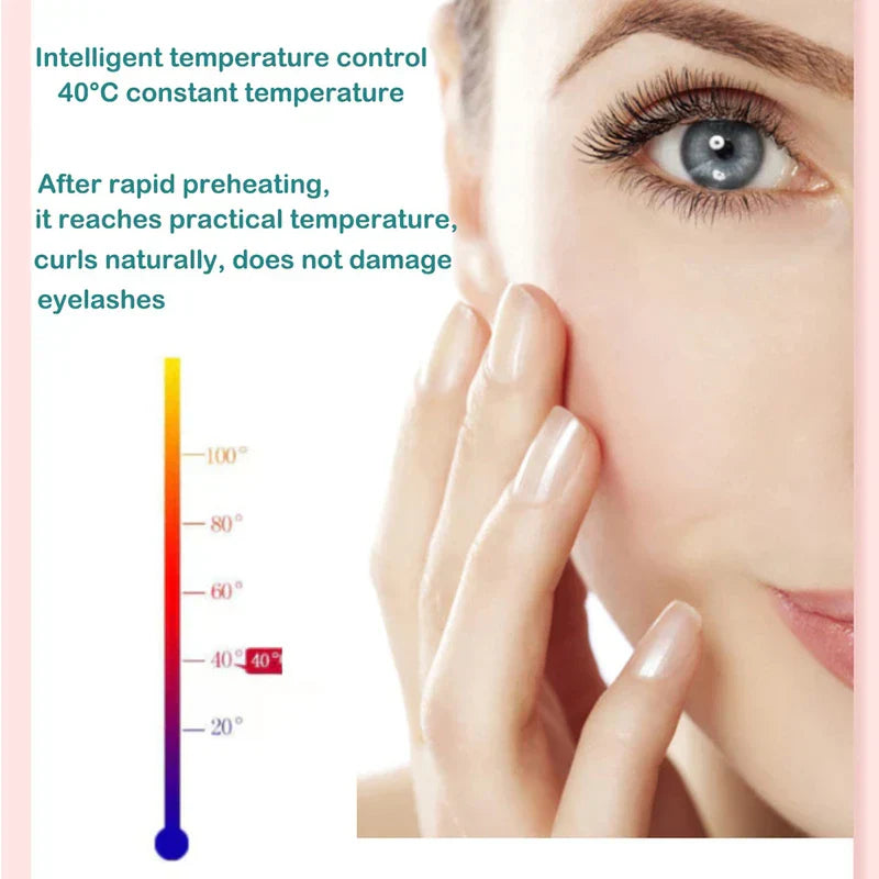 Diagram showing 40 degree temperature control for an eyelash curler, with a close-up of a person’s eye with curled lashes