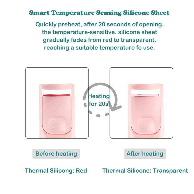 Diagram showing a heated eyelash curler's temperature-sensing silicone pad: red before 20 seconds of heating, transparent after.
