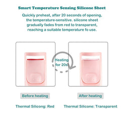 Diagram showing a heated eyelash curler's temperature-sensing silicone pad: red before 20 seconds of heating, transparent after.