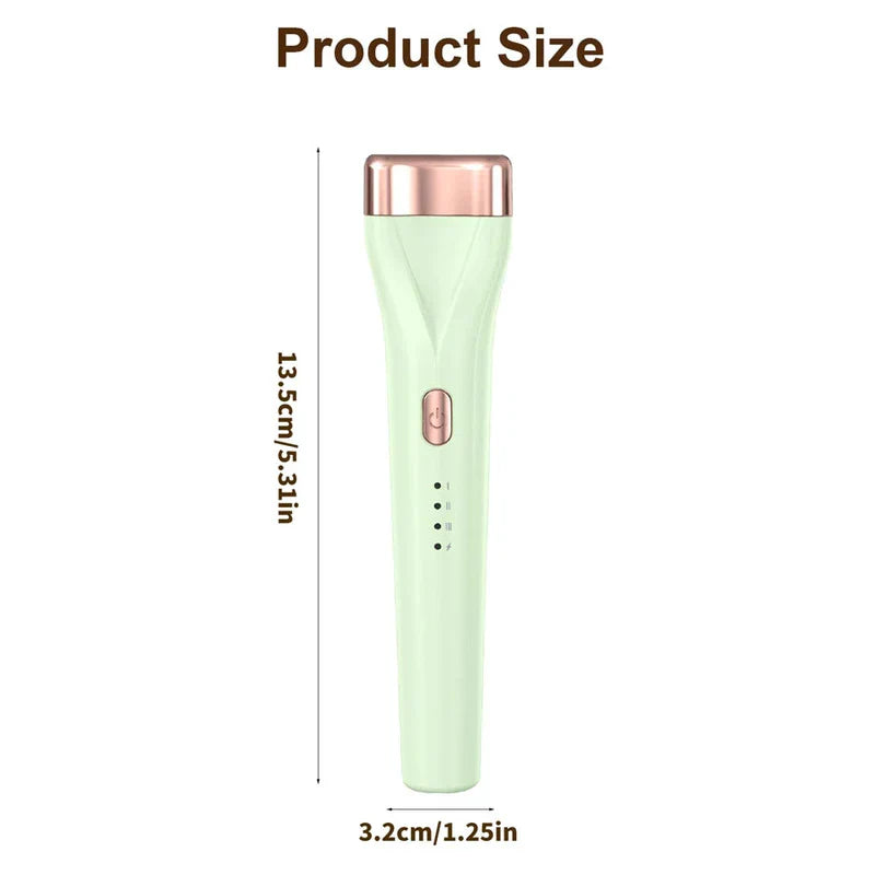 Tool Set - Product size diagram of a light green handheld heated eyelash curler, showing 13.5cm length and 3.2cm width measurements