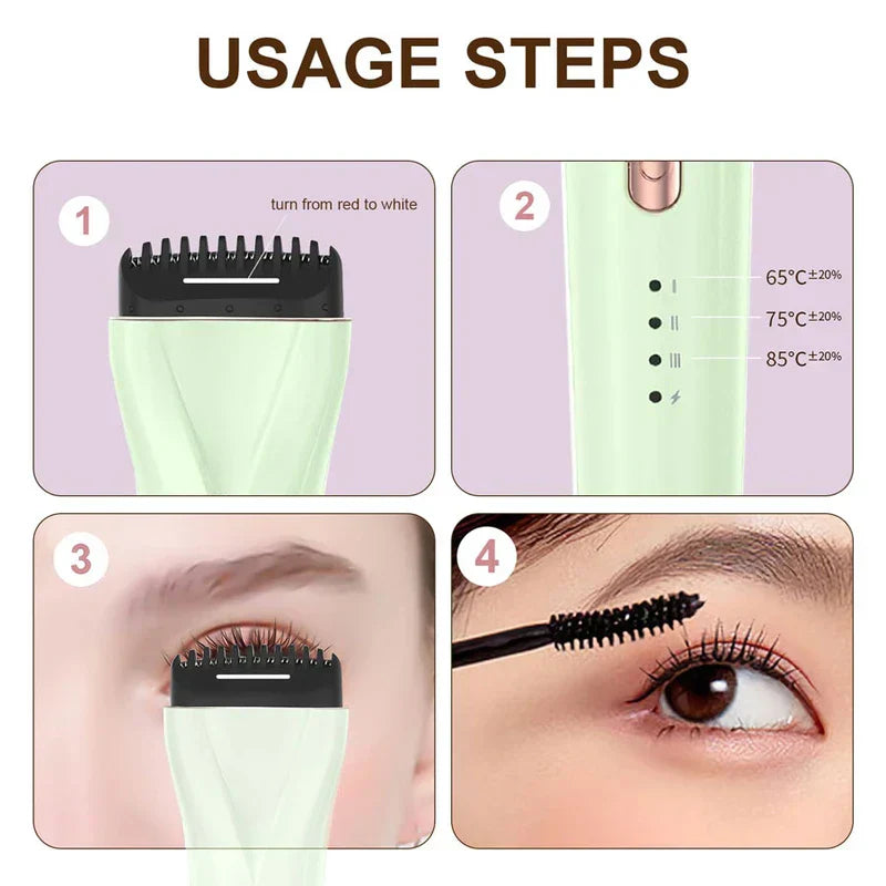 Tool Set - 4-step usage guide diagram for a heated eyelash curler, showing preheat, temperature levels, curling application, and mascara step