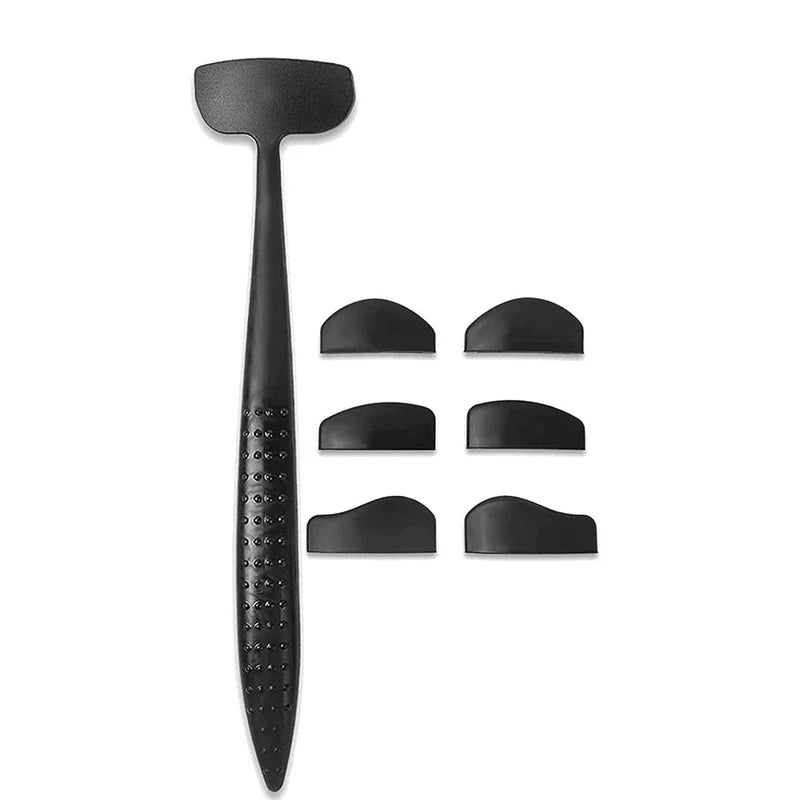Eyeshadow Stamp Crease Applicator Tool - Black textured-grip handle with six interchangeable curved stamp heads laid out on a plain white background