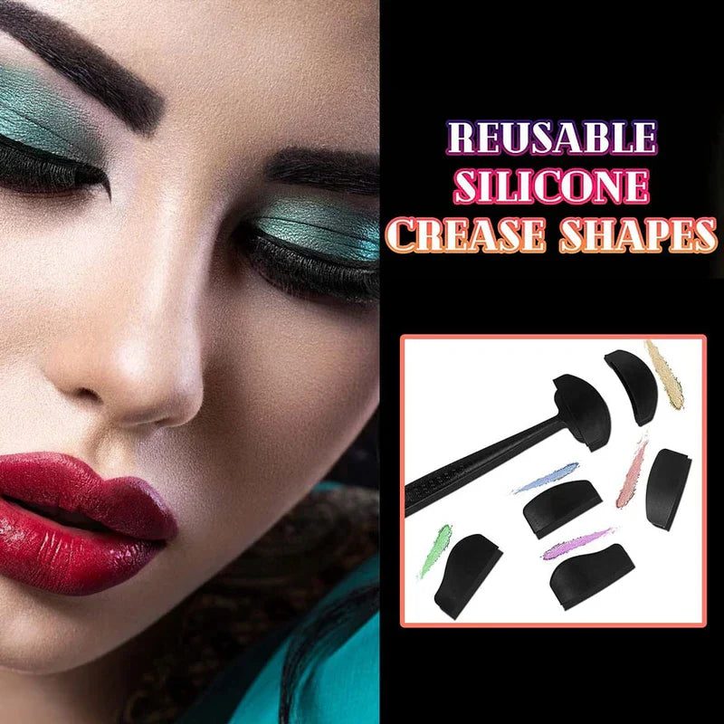 Eyeshadow Stamp Crease Applicator Tool - Close-up of woman’s eye makeup beside product shot of black eye makeup tool set with swatches