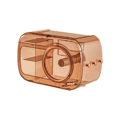 Cotton Pad Dispenser Holder - Amber transparent wall-mounted storage unit with internal compartments, center circular opening, internal roll spindle, and side mounting pegs