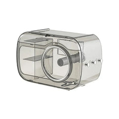 Cotton Pad Dispenser Holder - Closed smoke-gray transparent wall-mounted dispenser case, showing internal shelves and roll rod, against a plain white background.