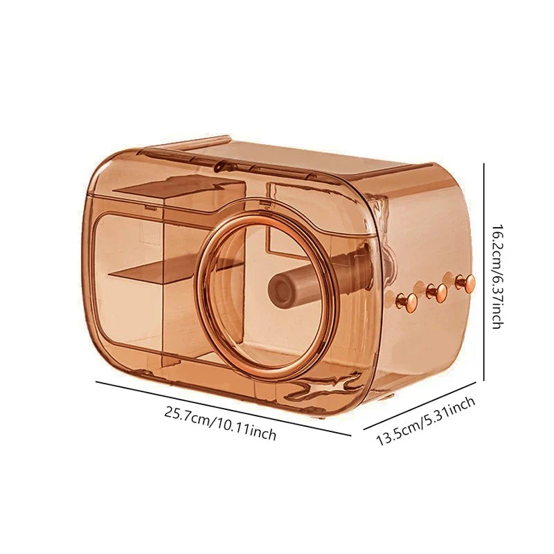 Cotton Pad Dispenser Holder - Amber-tinted wall mount tissue storage box with dimension labels on three sides.