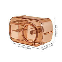 Cotton Pad Dispenser Holder - Amber-tinted wall mount tissue storage box with dimension labels on three sides.