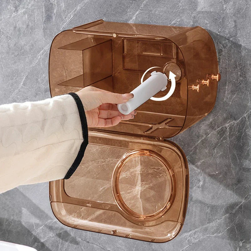 Cotton Pad Dispenser Holder - Hand installing a white plastic roll holder rod into an amber-tinted open wall-mounted case, mounted on a gray marble-patterned surface.