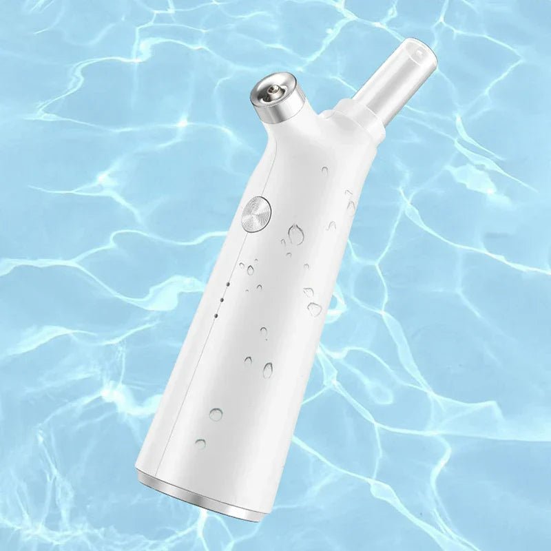 Nano Mist Sprayer - Handheld facial hydration device with water droplets against a rippling light blue water background