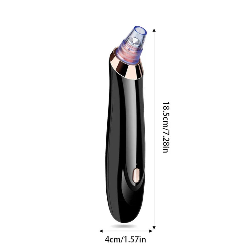 Vacuum Device - Black handheld blackhead suction tool shown against a white background, labeled with length and width measurements.