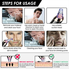 Vacuum Device - Diagram showing six steps for using a blackhead suction device, plus illustrations of correct and incorrect movement technique.