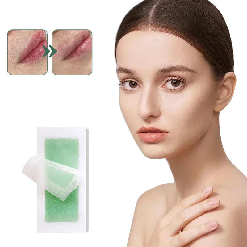 Wax Strips Paper - Product display alongside model with before/after inset of upper lip hair removal