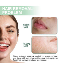 Wax Strips Paper - Woman's face shown with closeup insets of upper lip and cheek hair, and explanatory text at the bottom