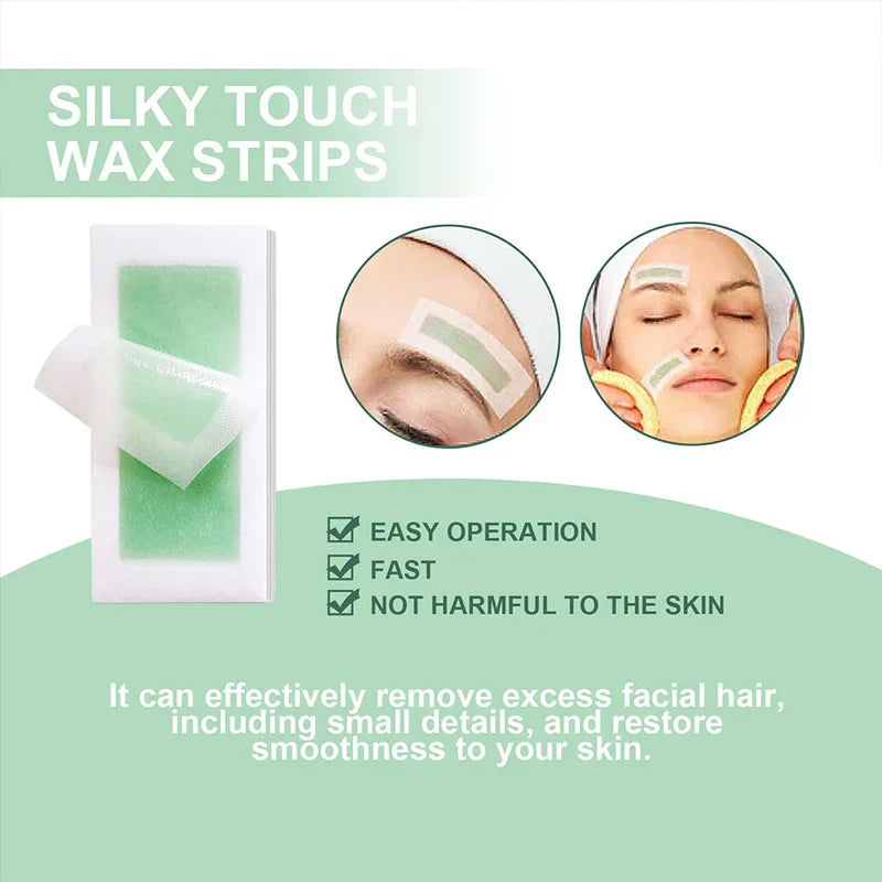 Wax Strips Paper - Silky touch facial wax strips product display, showing the wax strip, brow and facial application, and listed product attributes.