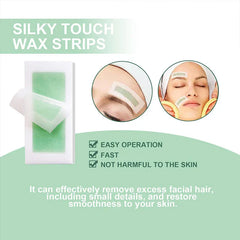 Wax Strips Paper - Silky touch facial wax strips product display, showing the wax strip, brow and facial application, and listed product attributes.
