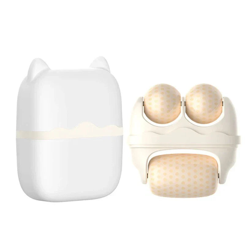 Dual-headed facial ice roller and its white cat ear-shaped storage case on a plain white background