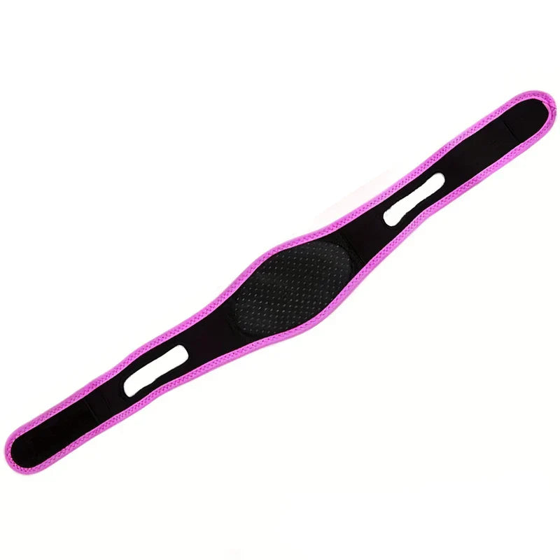 Massager Device - Black and pink contoured facial strap laid flat against a white background, showing two ear cutouts and a textured central panel