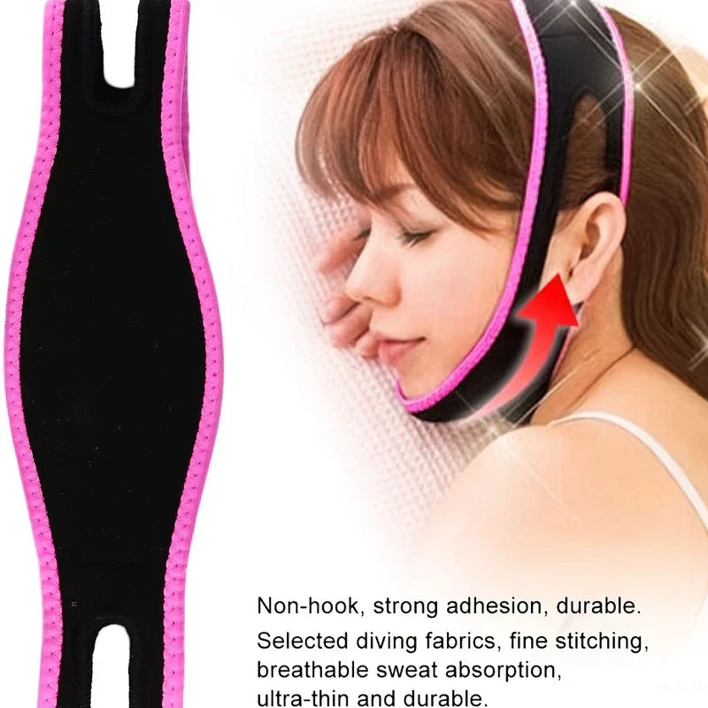 Massager Device - Side-by-side view of the folded facial strap and the strap worn on a resting person, with an upward arrow indicating lifting direction