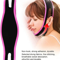 Massager Device - Side-by-side view of the folded facial strap and the strap worn on a resting person, with an upward arrow indicating lifting direction