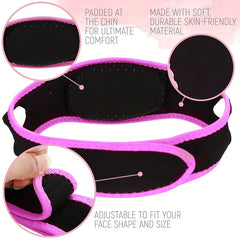 Massager Device - Black and pink facial strap with three close-up detail callouts showing padding, fabric texture, and adjustable fastener