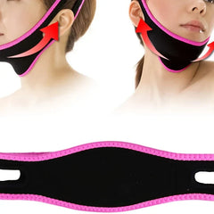 Massager Device - Two cropped views of a person wearing a black and pink facial strap, with flat lay of the strap below showing its cutout ear holes