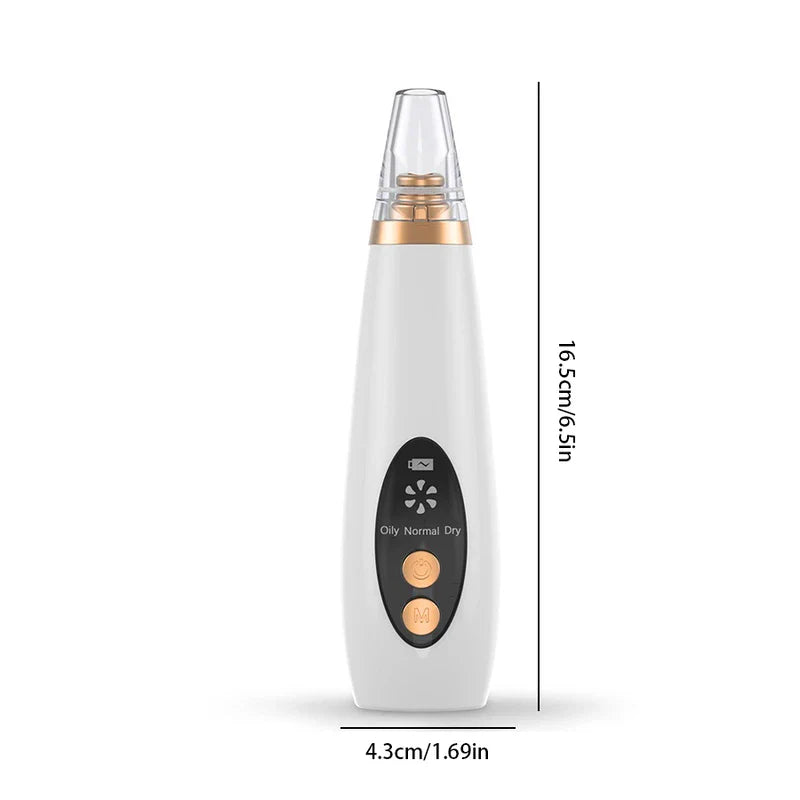 Cleansing Tool - White electric blackhead suction device with gold accent detailing, showing length and width measurements on a white background