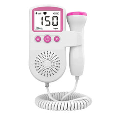 Fetal Doppler - White and pink handheld baby heartbeat monitor with connected probe, digital display showing 150 bpm, control buttons, and integrated speaker