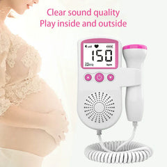 Fetal Doppler - Monitor displayed next to a pregnant person, with text noting clear sound quality for audio playback