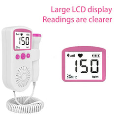 Fetal Doppler - Monitor shown from side angle alongside close-up of its large LCD screen, with text noting clear readable display