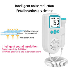 Handheld fetal doppler monitor with teal accents, screen showing 150 bpm, and a noise reduction feature diagram