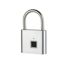 Keyless - Silver fingerprint padlock with U-shaped shackle, front fingerprint sensor and small indicator dot