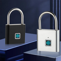 Keyless - Black and silver fingerprint smart padlocks displayed side by side on tiered dark blue platforms