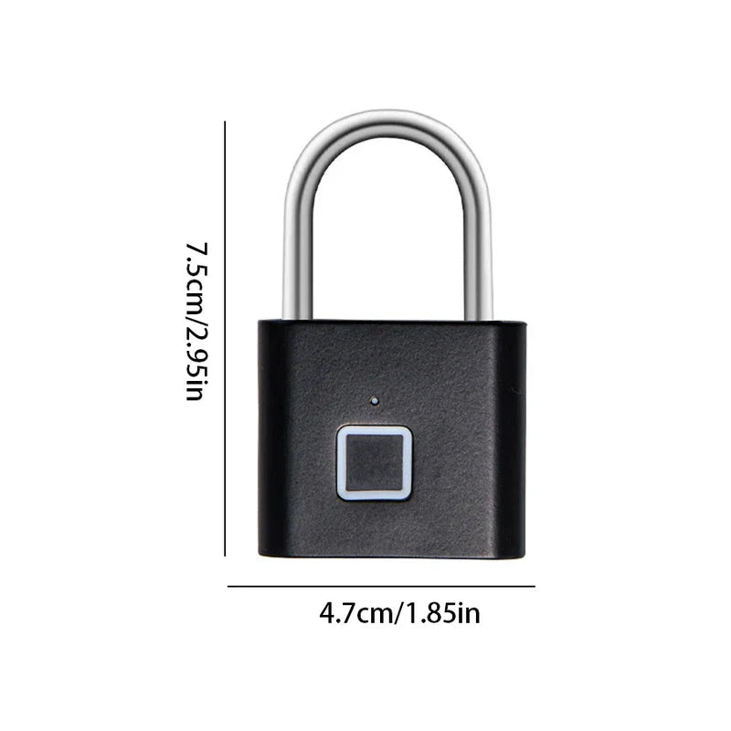 Keyless - Black fingerprint padlock on a white background, with size labels showing 7.5cm tall and 4.7cm wide
