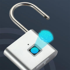 Keyless - Silver fingerprint smart padlock demonstrating fingerprint scan activation, angled close-up view