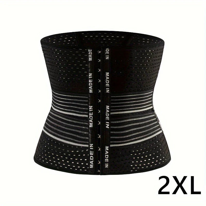 Taillentrainer für Damen - Schwarzes, perforiertes Kompressionsband mit Haken- und Ösenverschluss, Größe 2XL, Studioansicht von vorne