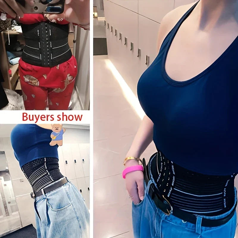 Fitness Waist Trainer - Three-panel collage showing different people wearing a black waist trainer under everyday clothing