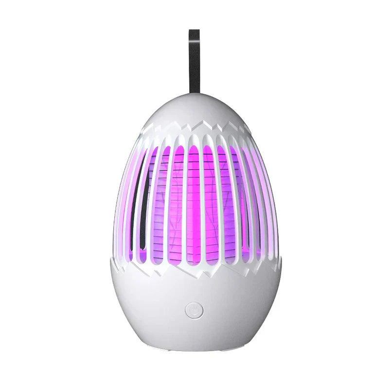 Bug Repellent Machine - White egg-shaped device with purple illuminated internal grid, top hanging strap, and front power button