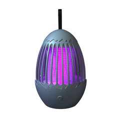 repelente de insectos - Matainsectos eléctrico con forma de huevo con correa de suspensión, luz UV púrpura detrás de rejillas protectoras y botón de encendido en la parte frontal inferior
